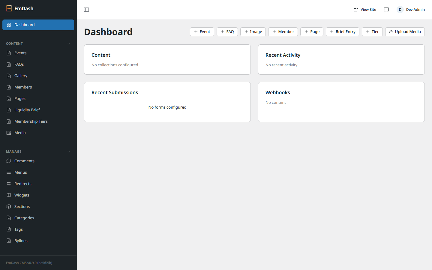 EmDash admin dashboard with sidebar navigation and quick-create chips