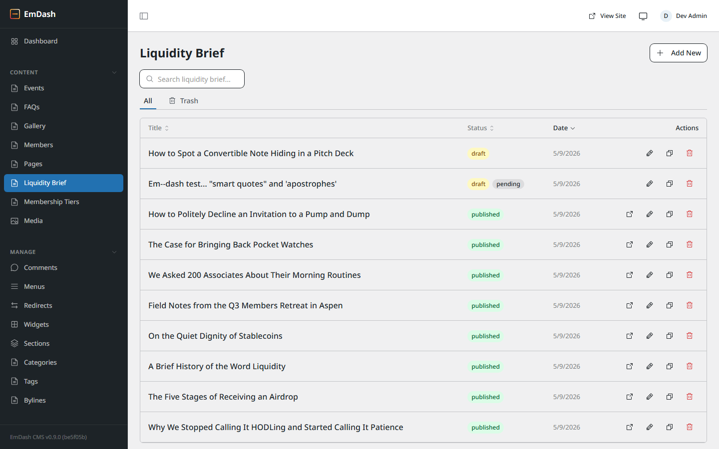 Liquidity Brief list view showing all posts with status, date, and per-row actions