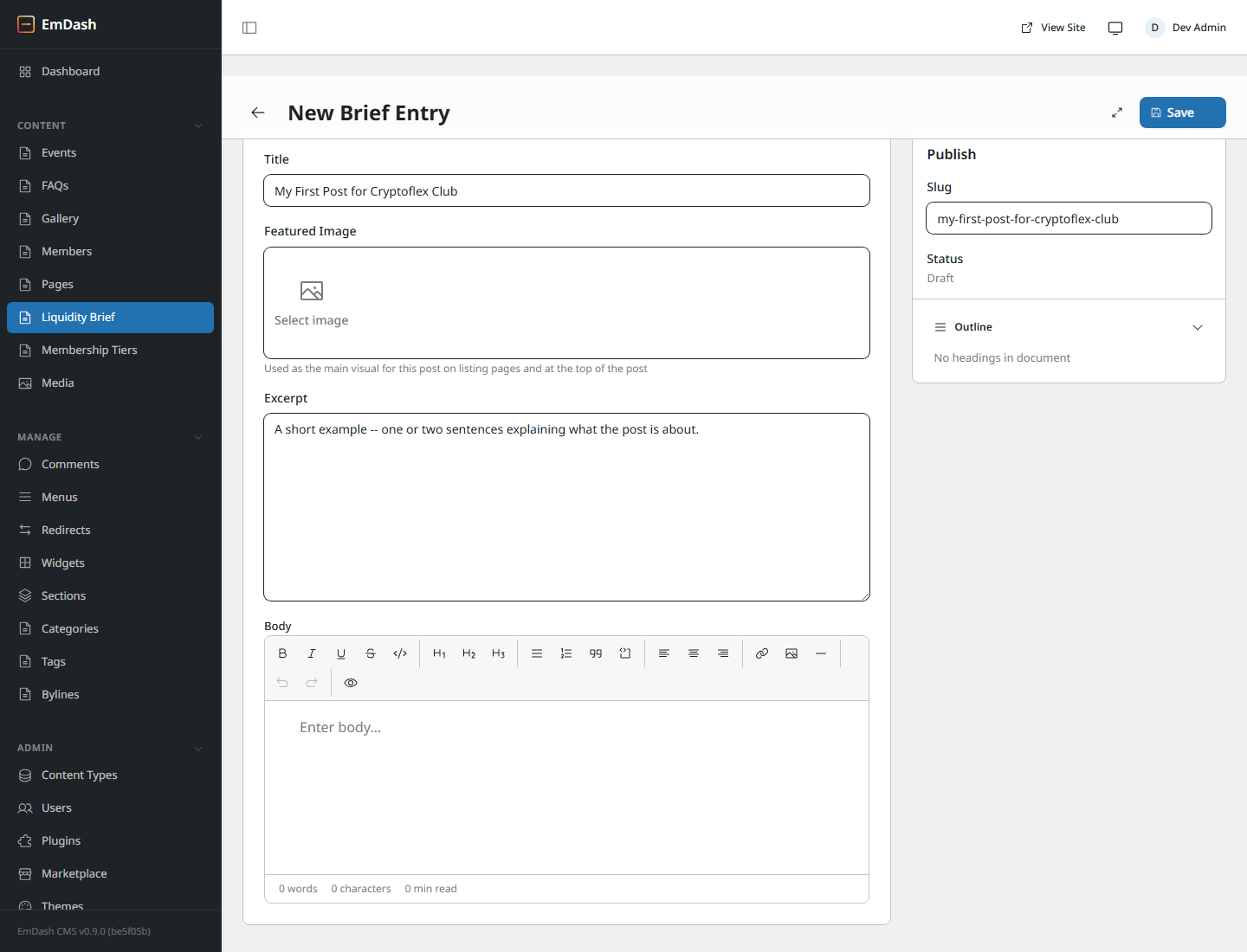 A new Brief Entry partially filled with title and excerpt; Save button at top right