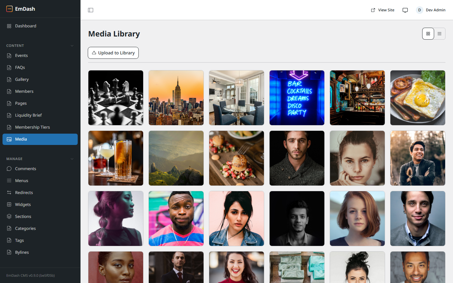 Media Library — grid of uploaded images with an Upload to Library button